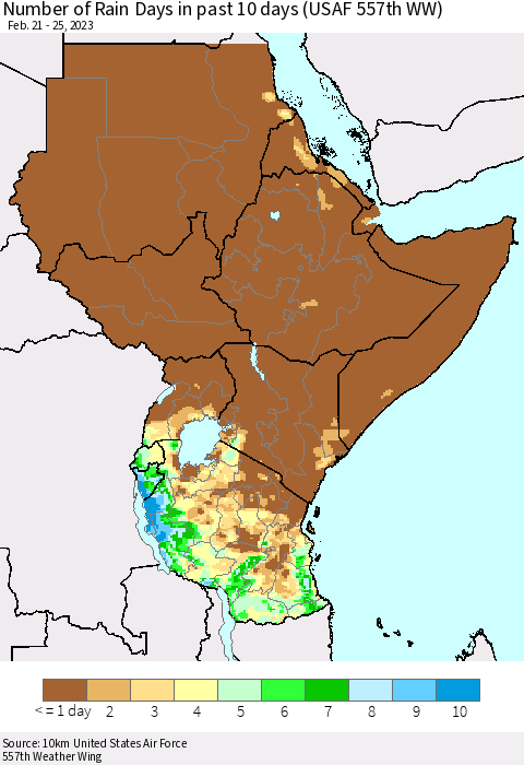 Eastern Africa Number of Rain Days in past 10 days (USAF 557th WW) Thematic Map For 2/21/2023 - 2/25/2023