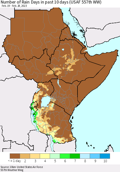 Eastern Africa Number of Rain Days in past 10 days (USAF 557th WW) Thematic Map For 2/26/2023 - 2/28/2023