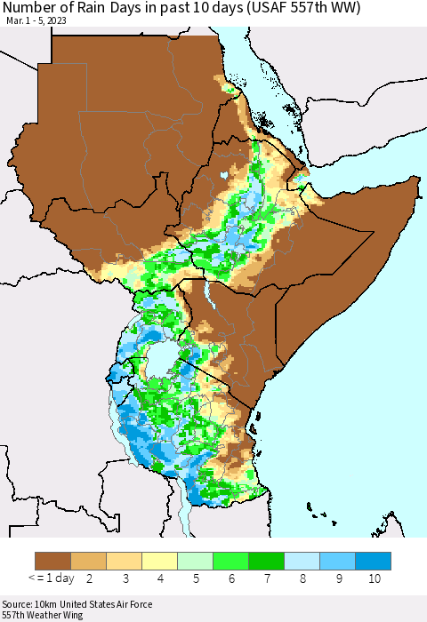 Eastern Africa Number of Rain Days in past 10 days (USAF 557th WW) Thematic Map For 3/1/2023 - 3/5/2023