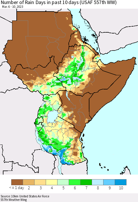 Eastern Africa Number of Rain Days in past 10 days (USAF 557th WW) Thematic Map For 3/6/2023 - 3/10/2023