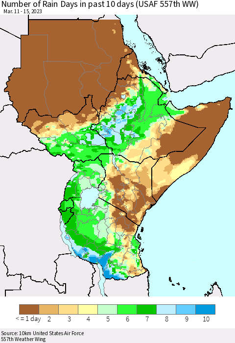 Eastern Africa Number of Rain Days in past 10 days (USAF 557th WW) Thematic Map For 3/11/2023 - 3/15/2023