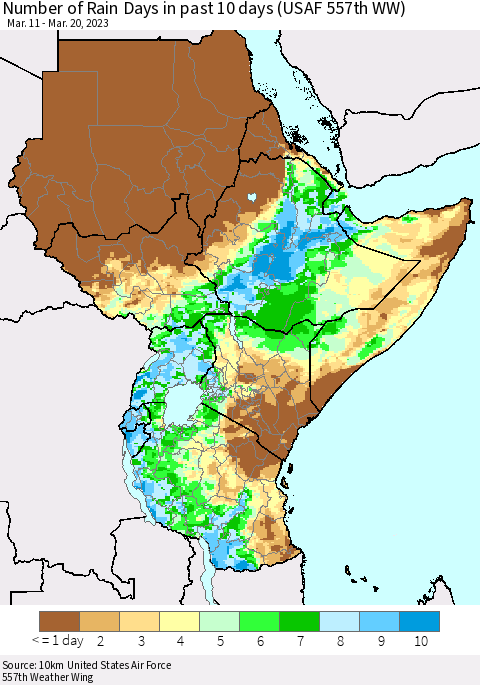 Eastern Africa Number of Rain Days in past 10 days (USAF 557th WW) Thematic Map For 3/16/2023 - 3/20/2023