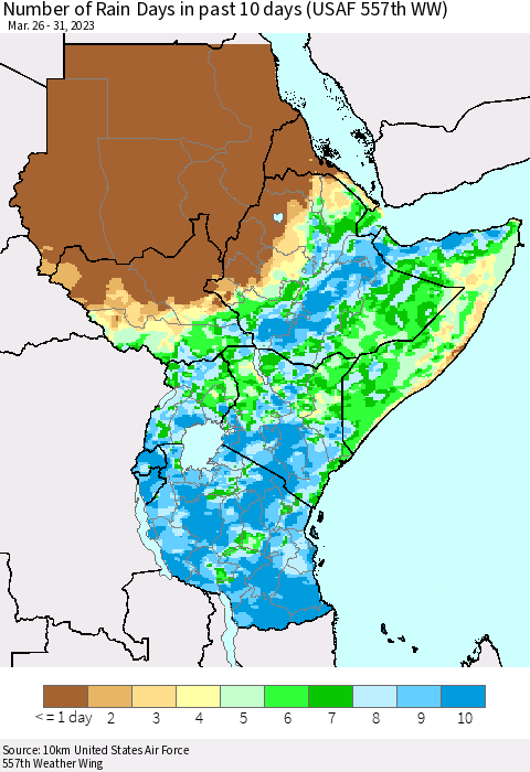 Eastern Africa Number of Rain Days in past 10 days (USAF 557th WW) Thematic Map For 3/26/2023 - 3/31/2023