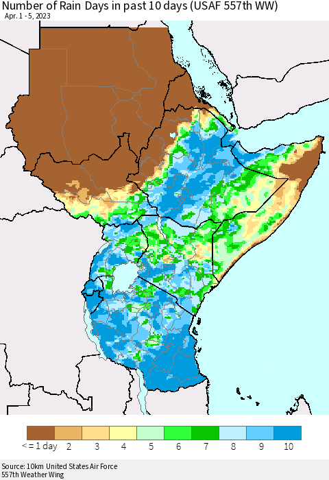 Eastern Africa Number of Rain Days in past 10 days (USAF 557th WW) Thematic Map For 4/1/2023 - 4/5/2023