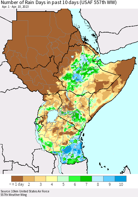 Eastern Africa Number of Rain Days in past 10 days (USAF 557th WW) Thematic Map For 4/6/2023 - 4/10/2023