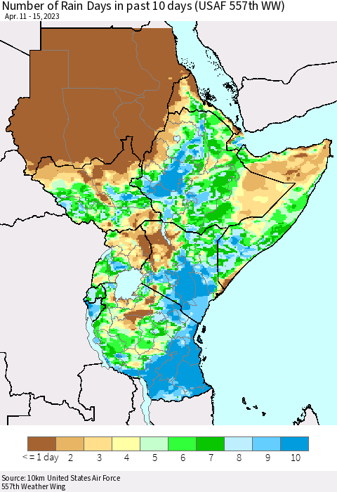 Eastern Africa Number of Rain Days in past 10 days (USAF 557th WW) Thematic Map For 4/11/2023 - 4/15/2023