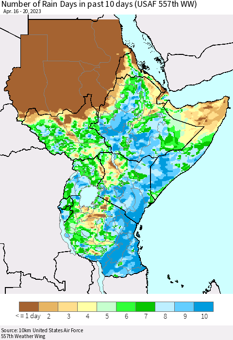 Eastern Africa Number of Rain Days in past 10 days (USAF 557th WW) Thematic Map For 4/16/2023 - 4/20/2023