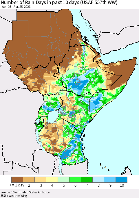Eastern Africa Number of Rain Days in past 10 days (USAF 557th WW) Thematic Map For 4/21/2023 - 4/25/2023