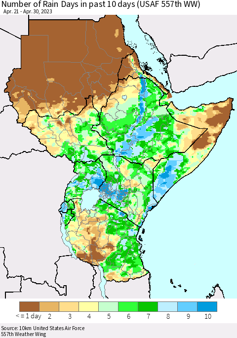 Eastern Africa Number of Rain Days in past 10 days (USAF 557th WW) Thematic Map For 4/26/2023 - 4/30/2023