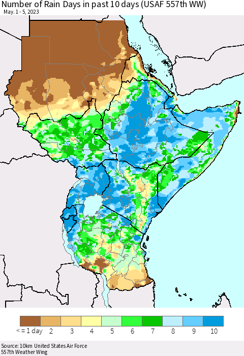 Eastern Africa Number of Rain Days in past 10 days (USAF 557th WW) Thematic Map For 5/1/2023 - 5/5/2023