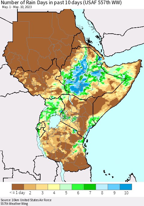 Eastern Africa Number of Rain Days in past 10 days (USAF 557th WW) Thematic Map For 5/6/2023 - 5/10/2023