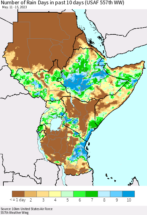Eastern Africa Number of Rain Days in past 10 days (USAF 557th WW) Thematic Map For 5/11/2023 - 5/15/2023