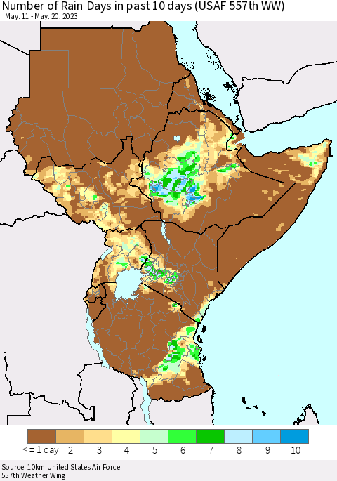 Eastern Africa Number of Rain Days in past 10 days (USAF 557th WW) Thematic Map For 5/16/2023 - 5/20/2023