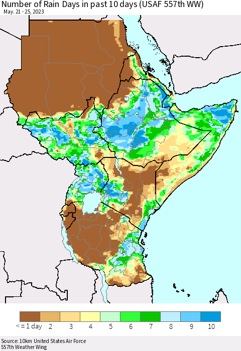 Eastern Africa Number of Rain Days in past 10 days (USAF 557th WW) Thematic Map For 5/21/2023 - 5/25/2023