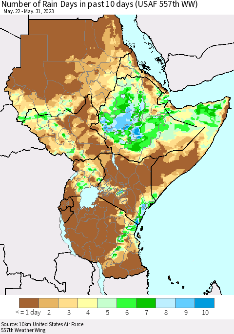 Eastern Africa Number of Rain Days in past 10 days (USAF 557th WW) Thematic Map For 5/26/2023 - 5/31/2023