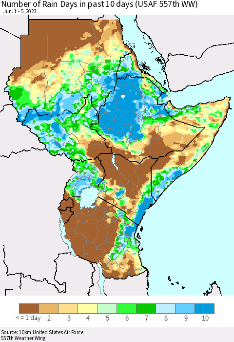 Eastern Africa Number of Rain Days in past 10 days (USAF 557th WW) Thematic Map For 6/1/2023 - 6/5/2023