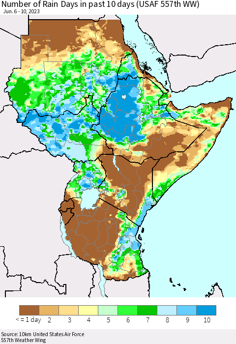 Eastern Africa Number of Rain Days in past 10 days (USAF 557th WW) Thematic Map For 6/6/2023 - 6/10/2023