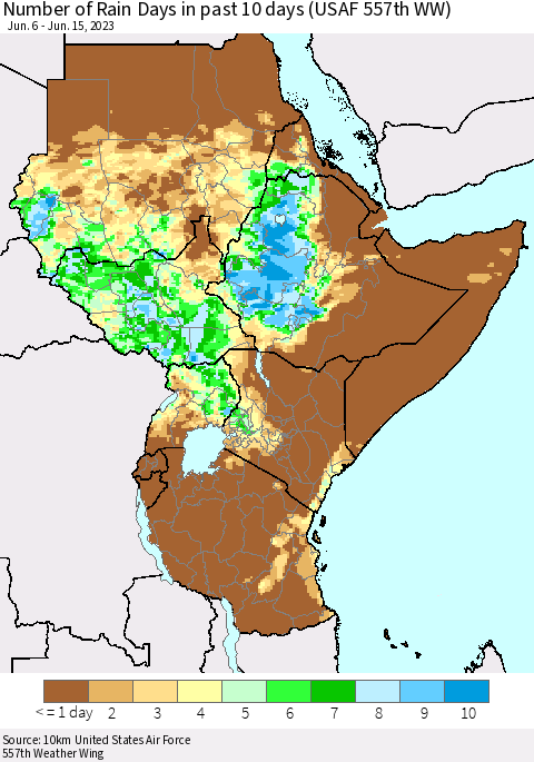 Eastern Africa Number of Rain Days in past 10 days (USAF 557th WW) Thematic Map For 6/11/2023 - 6/15/2023