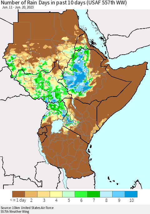 Eastern Africa Number of Rain Days in past 10 days (USAF 557th WW) Thematic Map For 6/16/2023 - 6/20/2023