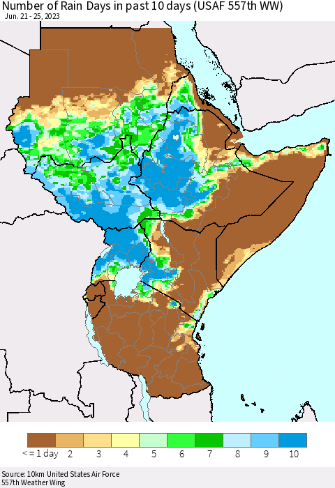 Eastern Africa Number of Rain Days in past 10 days (USAF 557th WW) Thematic Map For 6/21/2023 - 6/25/2023