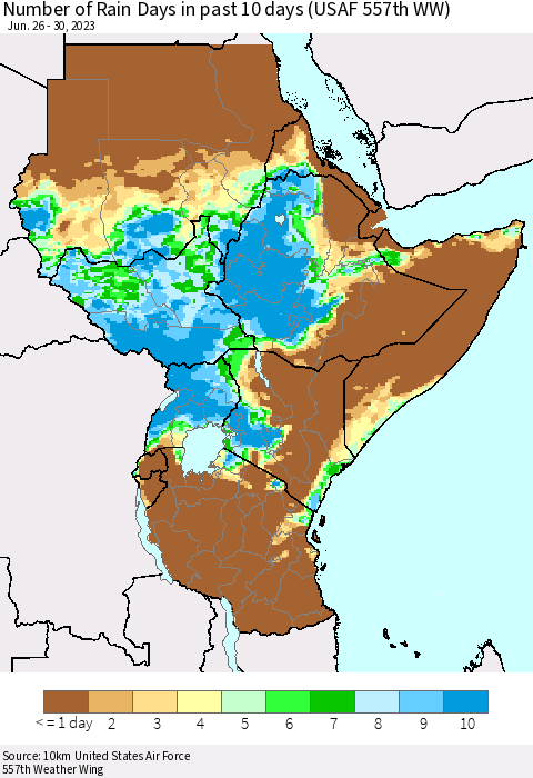 Eastern Africa Number of Rain Days in past 10 days (USAF 557th WW) Thematic Map For 6/26/2023 - 6/30/2023