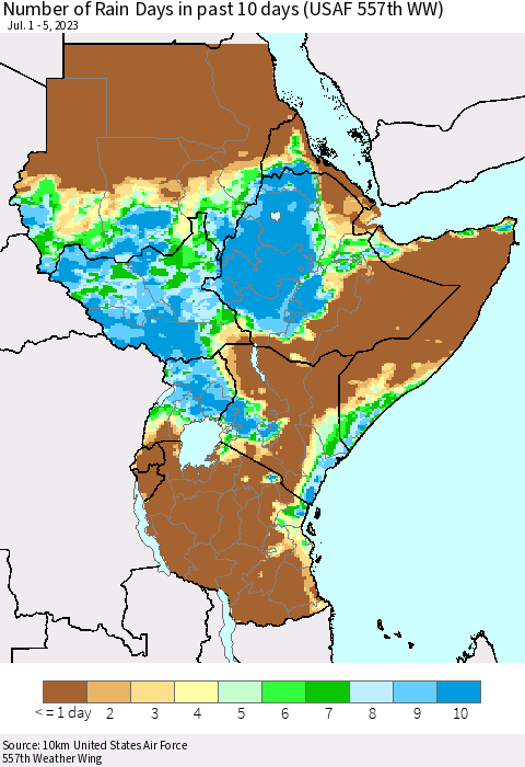 Eastern Africa Number of Rain Days in past 10 days (USAF 557th WW) Thematic Map For 7/1/2023 - 7/5/2023