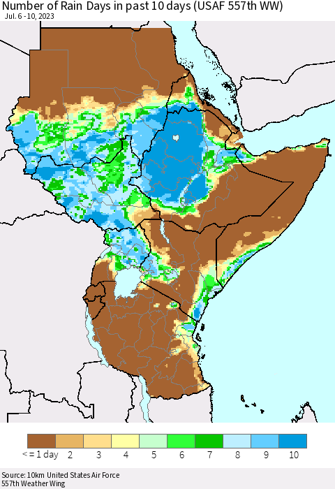 Eastern Africa Number of Rain Days in past 10 days (USAF 557th WW) Thematic Map For 7/6/2023 - 7/10/2023