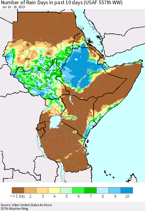 Eastern Africa Number of Rain Days in past 10 days (USAF 557th WW) Thematic Map For 7/16/2023 - 7/20/2023
