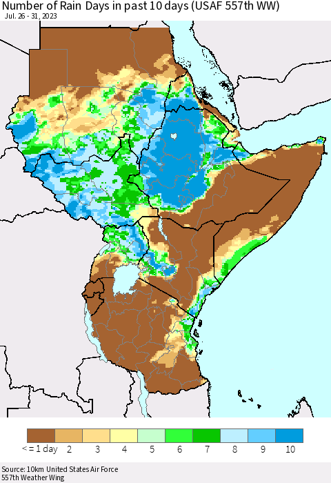 Eastern Africa Number of Rain Days in past 10 days (USAF 557th WW) Thematic Map For 7/26/2023 - 7/31/2023