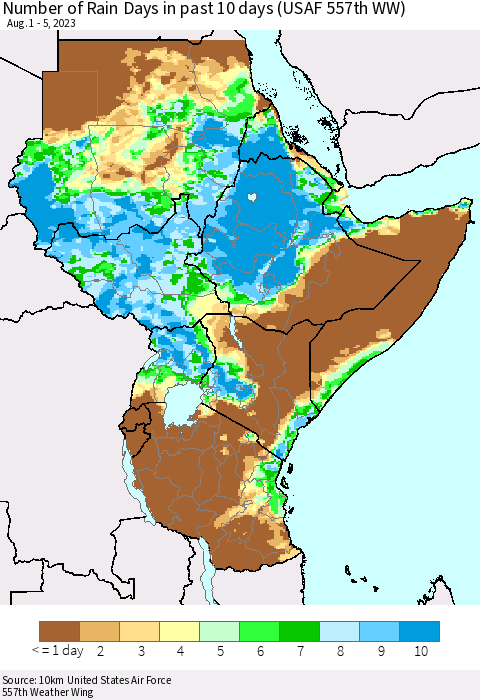 Eastern Africa Number of Rain Days in past 10 days (USAF 557th WW) Thematic Map For 8/1/2023 - 8/5/2023
