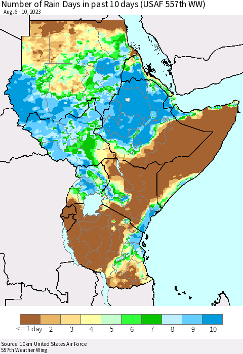 Eastern Africa Number of Rain Days in past 10 days (USAF 557th WW) Thematic Map For 8/6/2023 - 8/10/2023