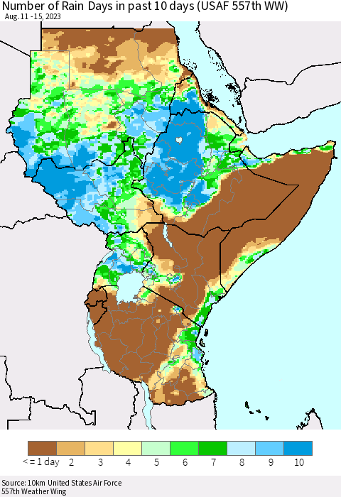 Eastern Africa Number of Rain Days in past 10 days (USAF 557th WW) Thematic Map For 8/11/2023 - 8/15/2023