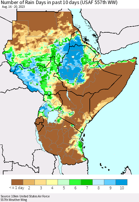 Eastern Africa Number of Rain Days in past 10 days (USAF 557th WW) Thematic Map For 8/16/2023 - 8/20/2023
