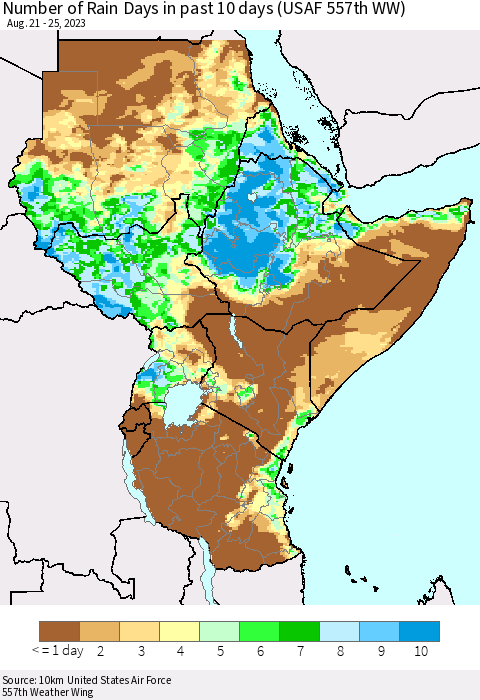 Eastern Africa Number of Rain Days in past 10 days (USAF 557th WW) Thematic Map For 8/21/2023 - 8/25/2023