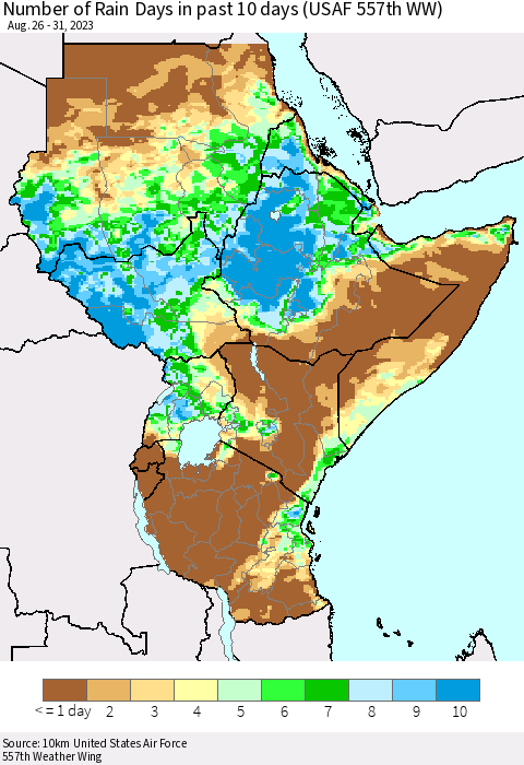 Eastern Africa Number of Rain Days in past 10 days (USAF 557th WW) Thematic Map For 8/26/2023 - 8/31/2023