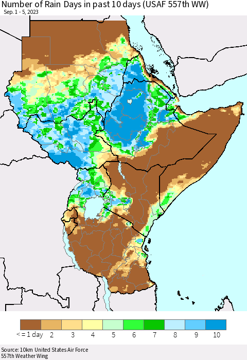Eastern Africa Number of Rain Days in past 10 days (USAF 557th WW) Thematic Map For 9/1/2023 - 9/5/2023