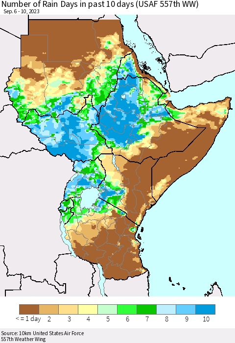 Eastern Africa Number of Rain Days in past 10 days (USAF 557th WW) Thematic Map For 9/6/2023 - 9/10/2023