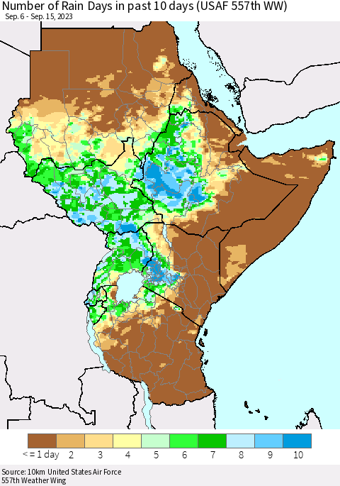 Eastern Africa Number of Rain Days in past 10 days (USAF 557th WW) Thematic Map For 9/11/2023 - 9/15/2023