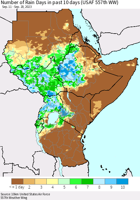 Eastern Africa Number of Rain Days in past 10 days (USAF 557th WW) Thematic Map For 9/16/2023 - 9/20/2023