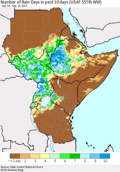 Eastern Africa Number of Rain Days in past 10 days (USAF 557th WW) Thematic Map For 9/21/2023 - 9/25/2023