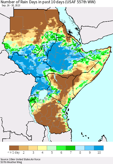 Eastern Africa Number of Rain Days in past 10 days (USAF 557th WW) Thematic Map For 9/26/2023 - 9/30/2023