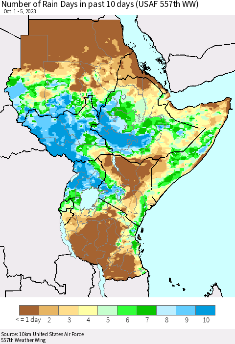 Eastern Africa Number of Rain Days in past 10 days (USAF 557th WW) Thematic Map For 10/1/2023 - 10/5/2023