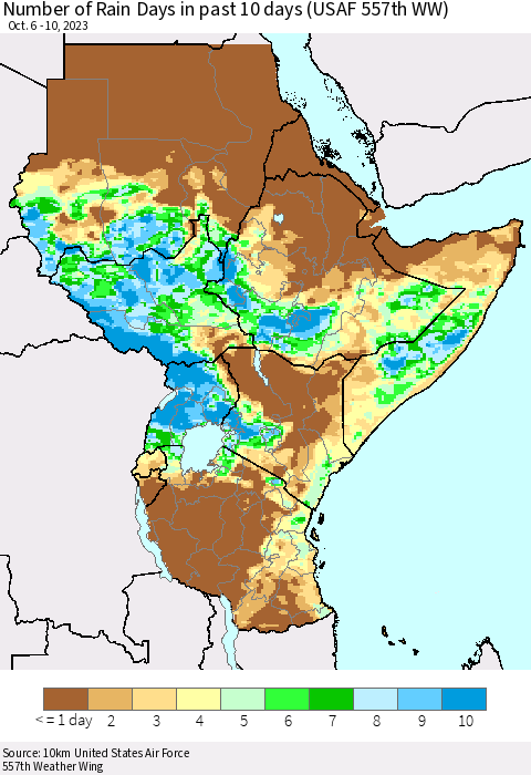 Eastern Africa Number of Rain Days in past 10 days (USAF 557th WW) Thematic Map For 10/6/2023 - 10/10/2023