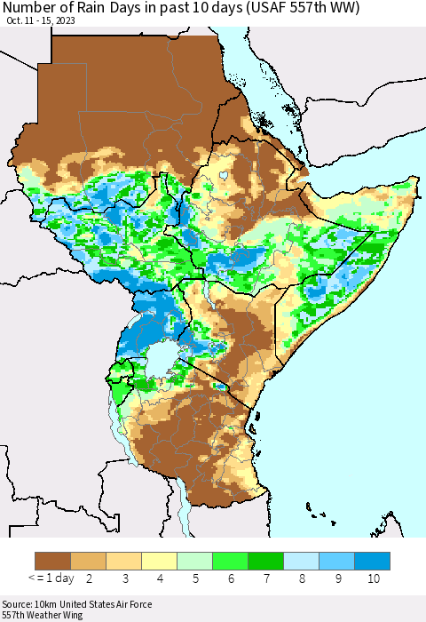 Eastern Africa Number of Rain Days in past 10 days (USAF 557th WW) Thematic Map For 10/11/2023 - 10/15/2023