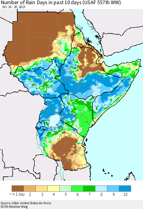 Eastern Africa Number of Rain Days in past 10 days (USAF 557th WW) Thematic Map For 10/16/2023 - 10/20/2023
