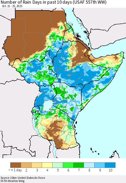Eastern Africa Number of Rain Days in past 10 days (USAF 557th WW) Thematic Map For 10/21/2023 - 10/25/2023