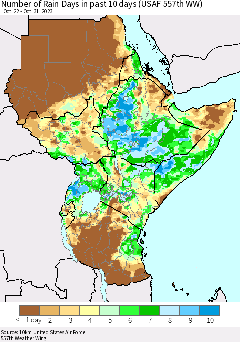 Eastern Africa Number of Rain Days in past 10 days (USAF 557th WW) Thematic Map For 10/26/2023 - 10/31/2023