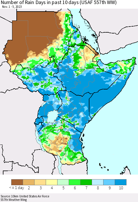 Eastern Africa Number of Rain Days in past 10 days (USAF 557th WW) Thematic Map For 11/1/2023 - 11/5/2023