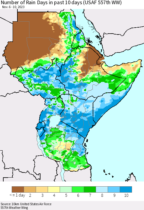 Eastern Africa Number of Rain Days in past 10 days (USAF 557th WW) Thematic Map For 11/6/2023 - 11/10/2023