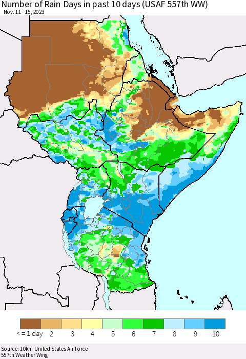 Eastern Africa Number of Rain Days in past 10 days (USAF 557th WW) Thematic Map For 11/11/2023 - 11/15/2023